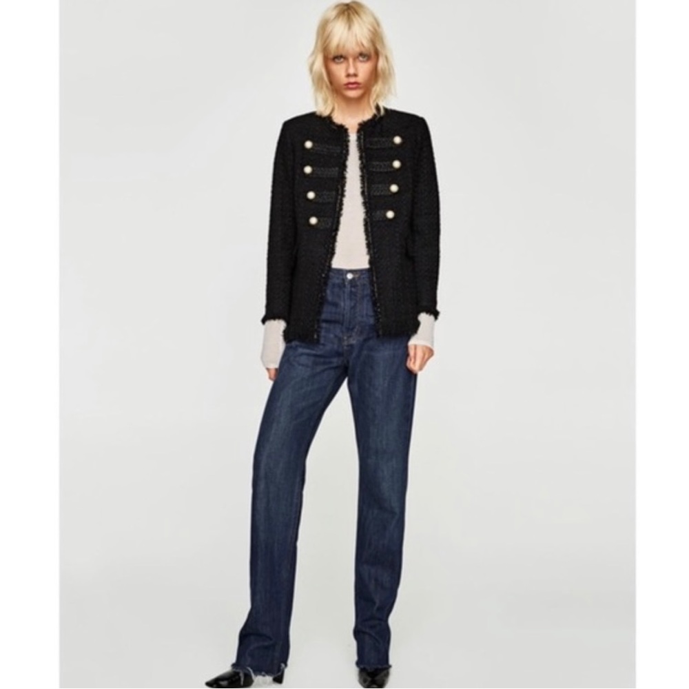☆ Zara Black Tweed Military Jacket Coat with Pearls